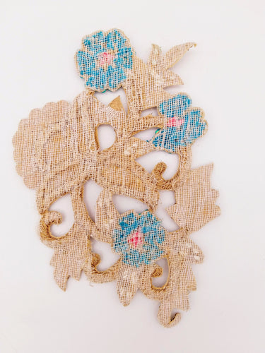Antique Gold and Blue Embroidered Flower Applique Patch, Floral Applique, Floral Motif